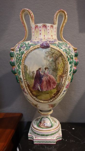 Large earthenware vase decorated with a gallant...