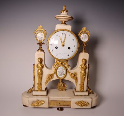 White marble clock, porcelain dial noted...