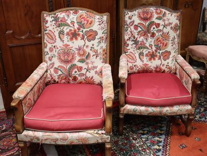 Pair of bergères in natural wood, floral...