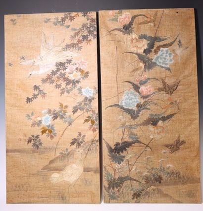 ASIA. 2 watercolor canvases with silk highlights,...