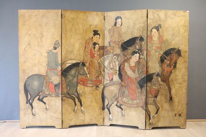 ASIA. 4-panel lacquered wood screen decorated...