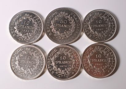Set of silver coins, including: 5 x 10FF,...