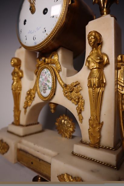 White marble clock, porcelain dial noted...