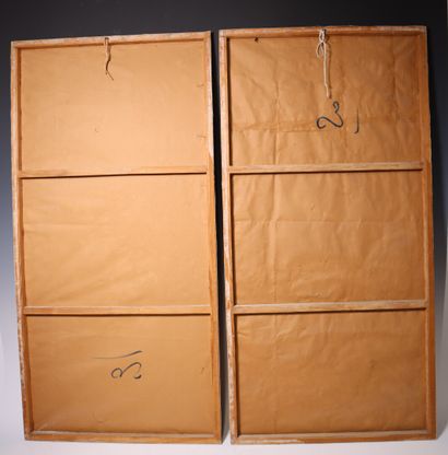 ASIA. 2 watercolor canvases with silk highlights,...