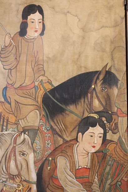 ASIA. 4-panel lacquered wood screen decorated...