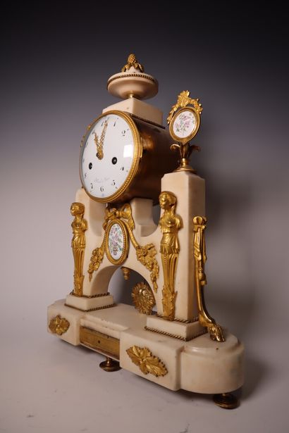 White marble clock, porcelain dial noted...