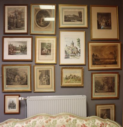Set of 12 framed engravings and 2 watercolors...