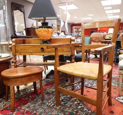 Lot including: Armchair with straw seat,...