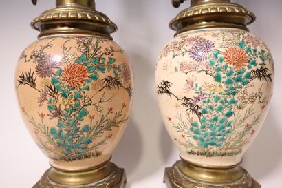 Pair of fine earthenware oil lamps mounted...