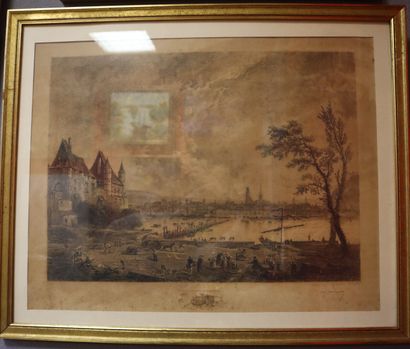 Set of 12 framed engravings and 2 watercolors...