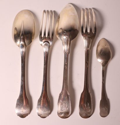 Set of silver flatware: cutlery and teaspoon...