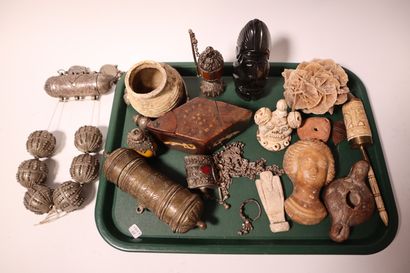 A tray of display items and travel souvenirs:...