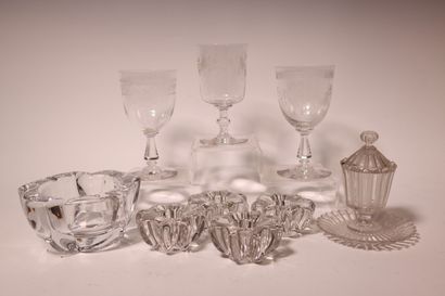 Crystal set, DAUM cup, candle holders, covered...