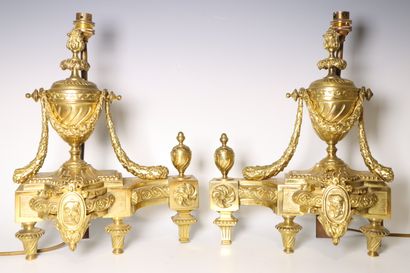 Paire de chenets en bronze doré montés en...