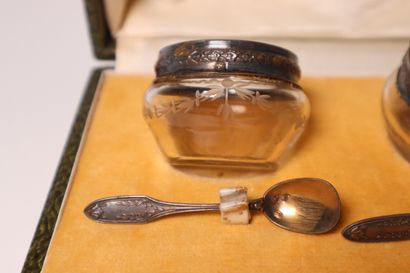 Pair of silver mounted salt bowls with salt...