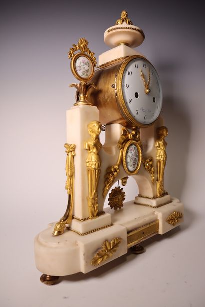 White marble clock, porcelain dial noted...
