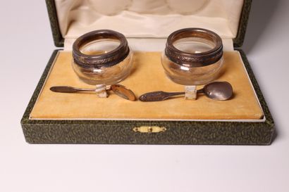 Pair of silver mounted salt bowls with salt...
