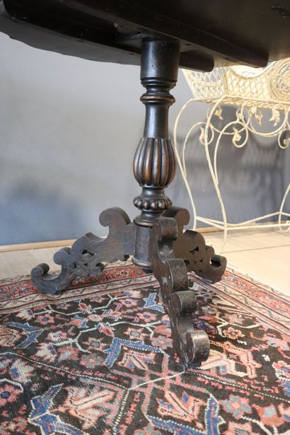 Pedestal table in blackened wood and burgau...