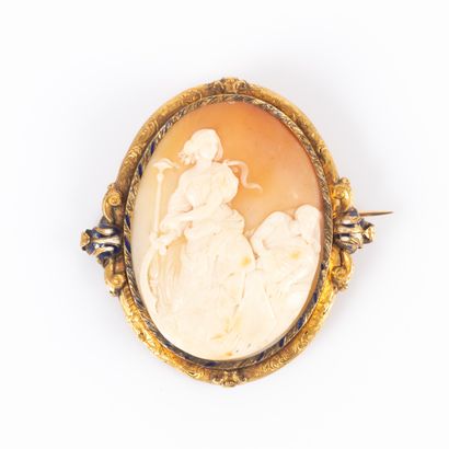 Large enameled 14k gold brooch set with an...