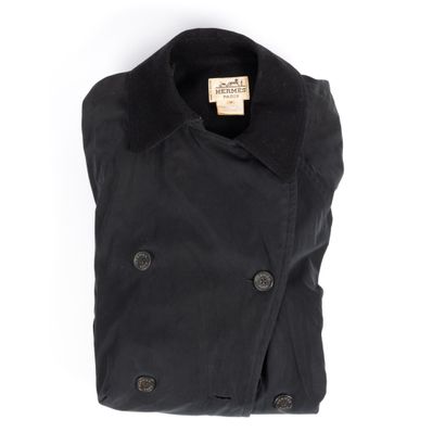 HERMES. Black microfiber coat (belt and straps...