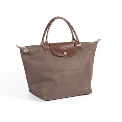 LONGCHAMP. Sac main en toile et cuir chocolat...