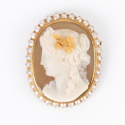 Gold brooch set with a large oval cameo on...