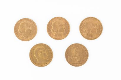 5 monnaies en or: 20 FF 1860A 1914A 1877A...