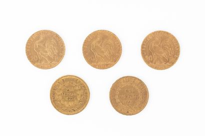 5 monnaies en or: 20 FF 1860A 1914A 1877A...