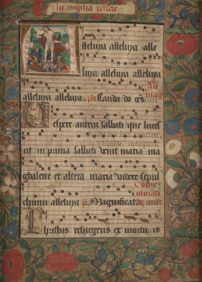 Grande page d'antiphonaire enluminée sur...