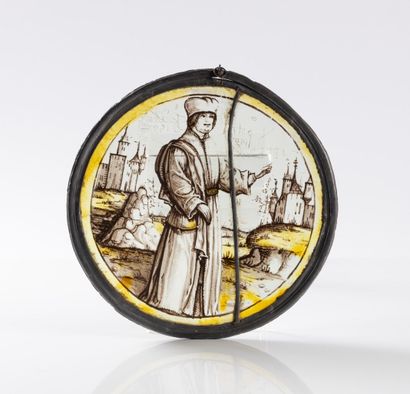 Rondel en grisaille et jaune d'argent représentant...
