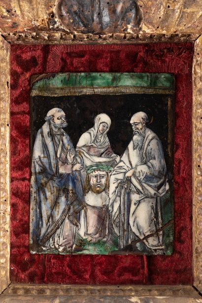 Plaque en émail peint polychrome avec rehauts...