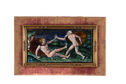 Plaque en émail peint polychrome avec rehauts...