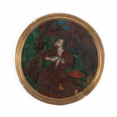 Plaque ronde en émail peint polychrome représentant...