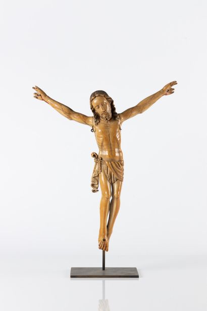 Grand Christ en ivoire sculpté avec rehauts...