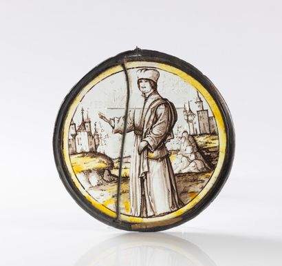 Rondel en grisaille et jaune d'argent représentant...