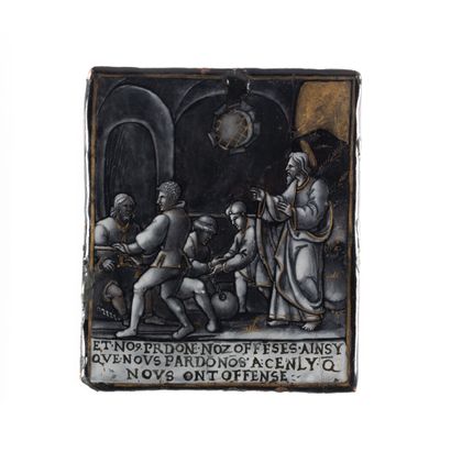 Plaque en émail peint en grisaille avec rehauts...