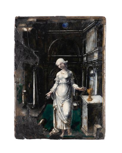 Plaque en émail peint en grisaille avec rehauts...