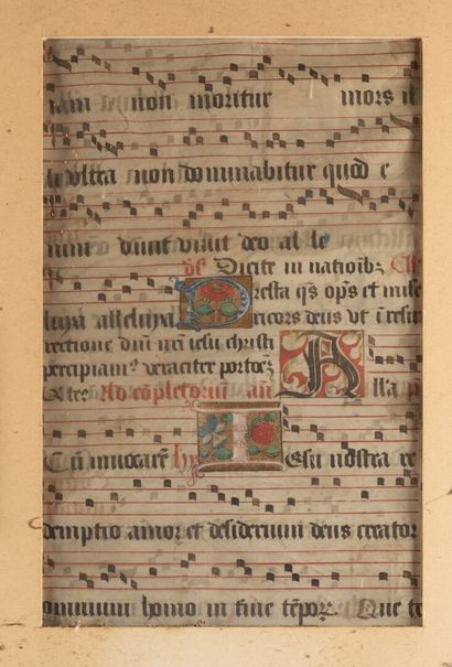 Grande page d'antiphonaire enluminée sur...