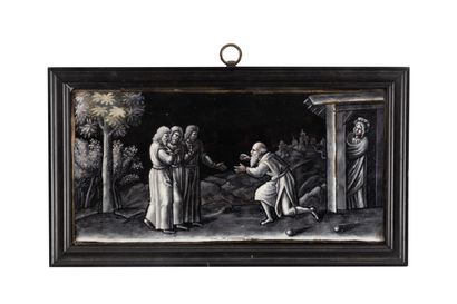 Plaque en émail peint en grisaille avec rehauts...