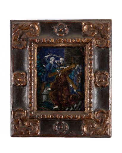 Plaque en émail peint polychrome avec rehauts...