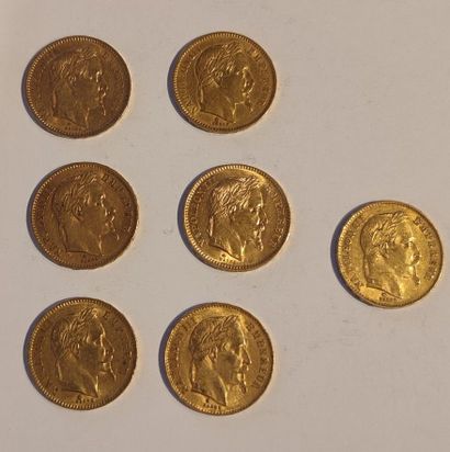 7 monnaies en or : 20 F Napoléon III tête...