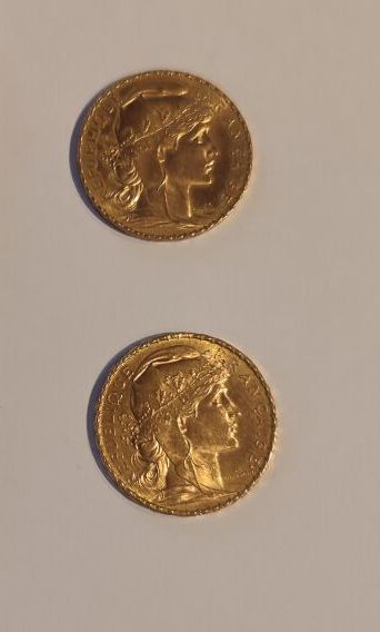 2 monnaies en or : 20 F coq (1909, 1912)
