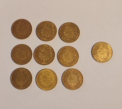 10 monnaies en or : 20 F Napoléon III tête...