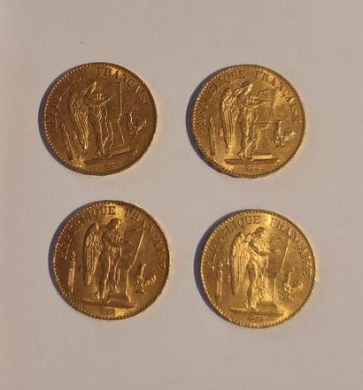 4 monnaies en or : 20 F (1887 A, 1893 A,...