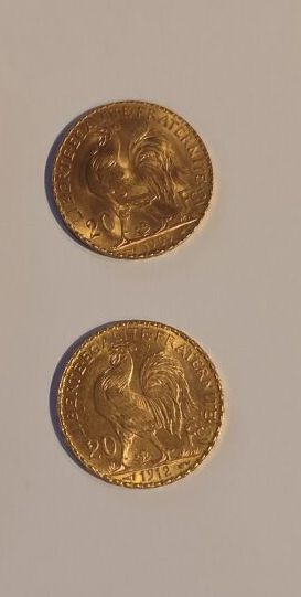 2 monnaies en or : 20 F coq (1909, 1912)