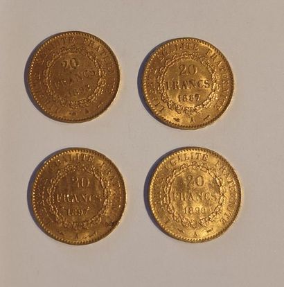 4 monnaies en or : 20 F (1887 A, 1893 A,...