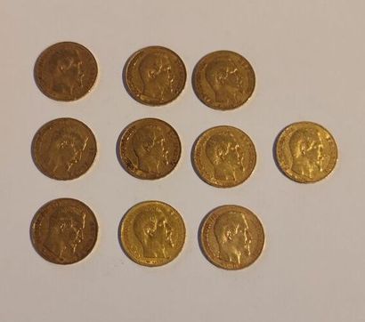 10 monnaies en or : 20 F Napoléon III tête...