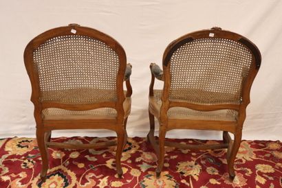 Pair of natural wood tapered caned armchairs,...