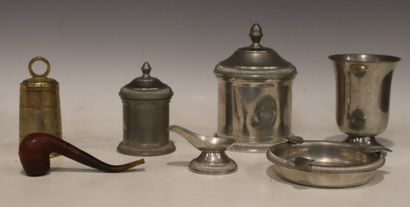 Small pewter lot including: candy box, saucer,...