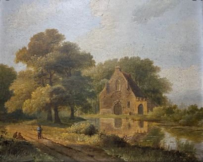 École hollandaise du XIXe. 
Paysage animé...